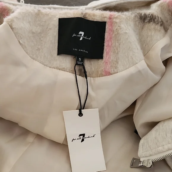 NEW - 7 FOR ALL MANKIND Pink & Cream Plaid Shacket Duster Coat - Picture 10 of 13